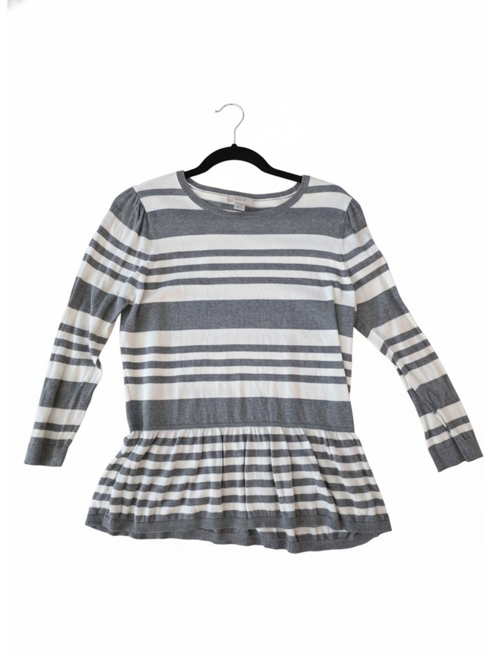 EUC LOFT Women's Gray and White Striped Long Sleeve Peplum Top Size L